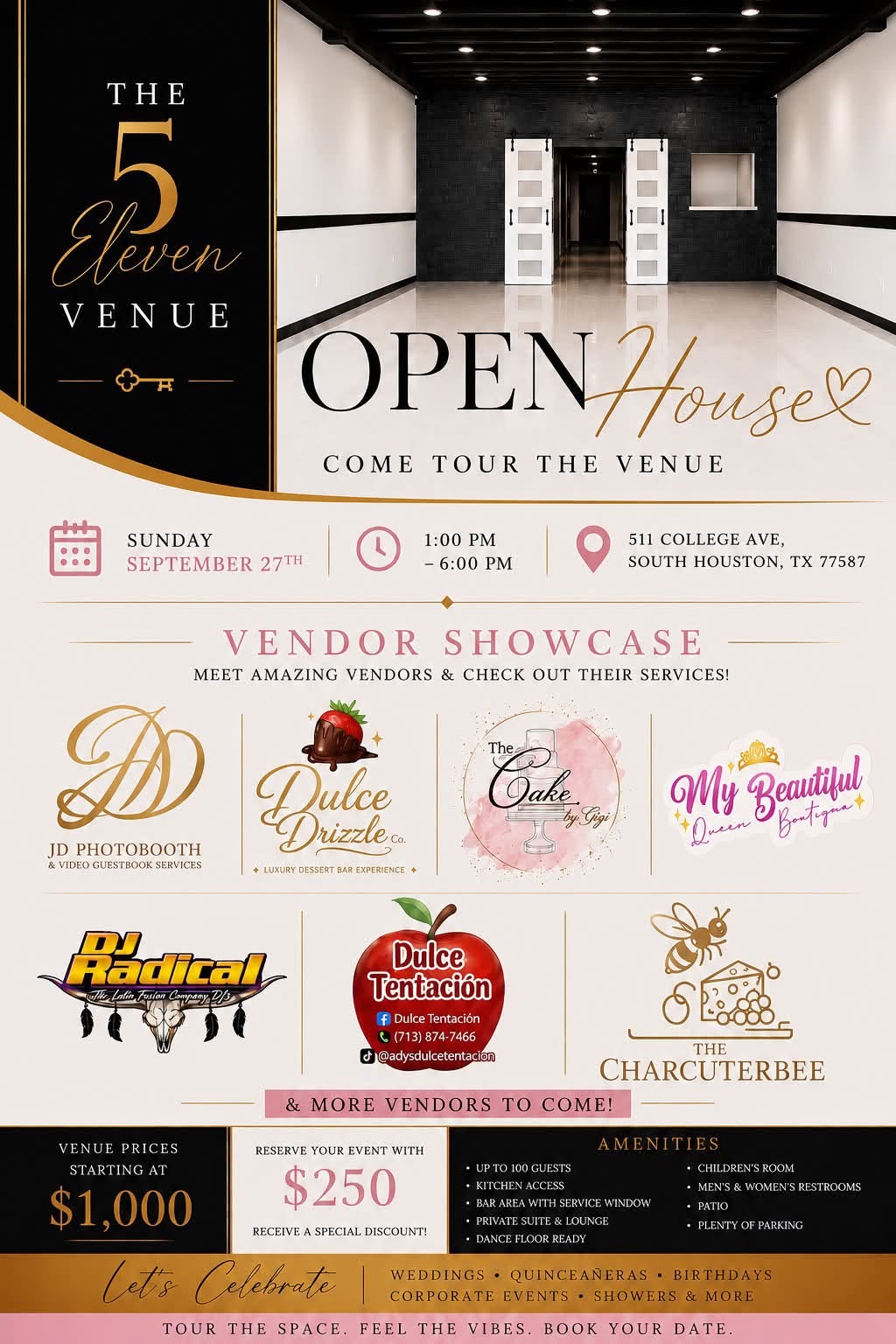 The 5Eleven Venue open house flyer listing the September 27, 2026 vendor showcase, venue amenities and pricing in South Houston, Texas